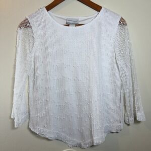 ALFRED DUNNER POPCORN EMBLISHED BLOUSE PS ASYMMETRICAL HEM SHEER SLEEVE LINED